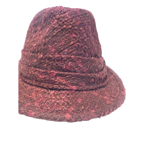 Tory Burch Burgundy & Red Glistening Tweed winter Fedora Hat Black Interior - Picture 6 of 6